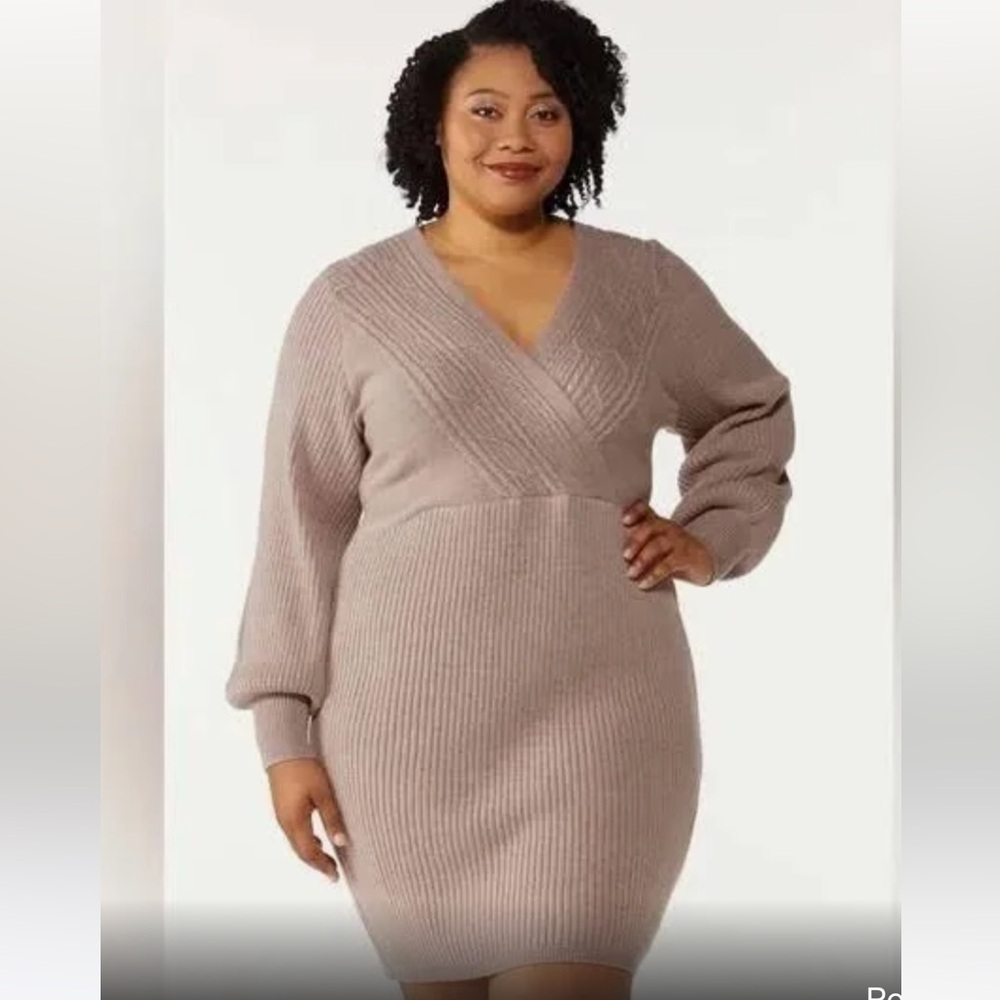Cato Lurex V Neck Taupe Sweater Knit Dress Size XL NWT